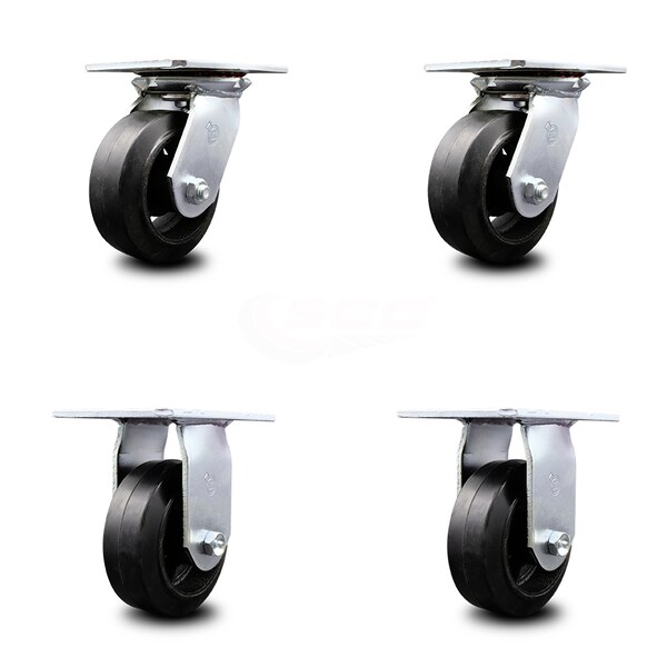 5 Inch Rubber on Steel Caster Set with Roller Bearings 2 Swivel 2 Rigid SCC